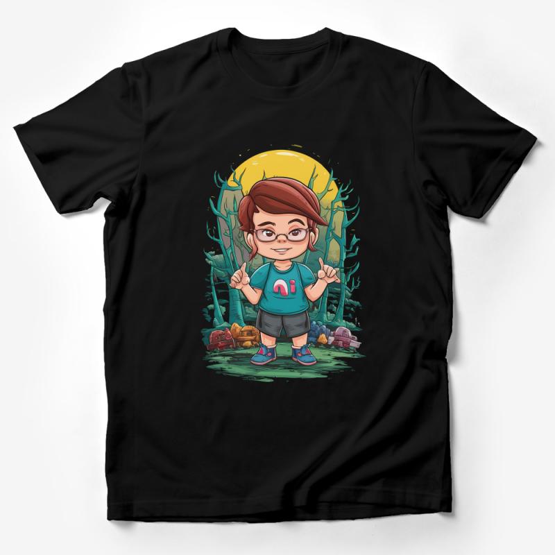 Cartoon Nature Enthusiast T-Shirt, Cute Explorer Character Tee, Outdoor Adventure Graphic Shirt, Unisex Casual Wear Top Male T-Shirt