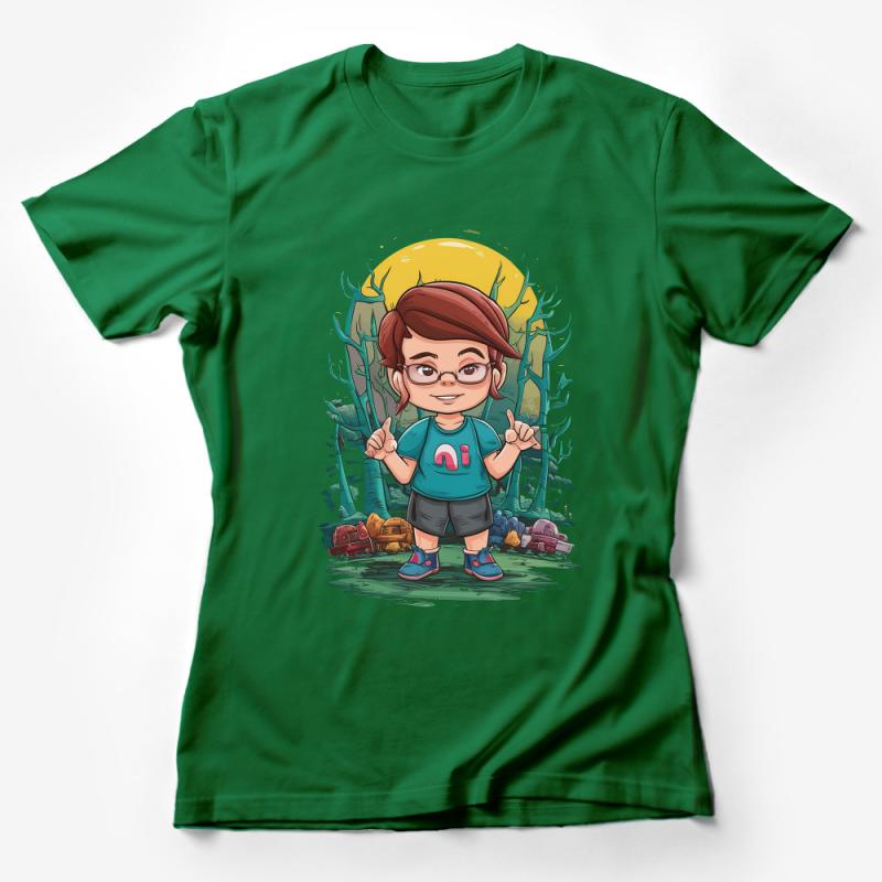 Cartoon Nature Enthusiast T-Shirt, Cute Explorer Character Tee, Outdoor Adventure Graphic Shirt, Unisex Casual Wear Top Female T-Shirt