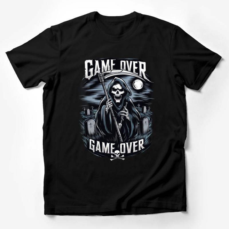 Game Over Grim Reaper T-Shirt, Cool Dark Gothic Tee, Unisex Full Moon Skull Shirt, Halloween Gaming Apparel, Gift for Gamers Male T-Shirt