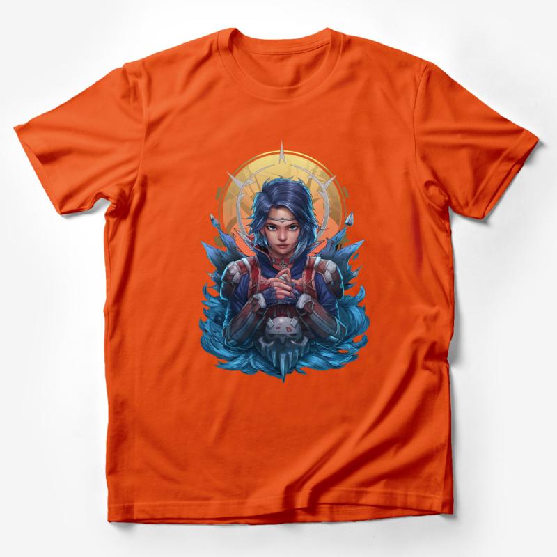 Fantasy Warrior Woman T-Shirt, Anime Style Female Fighter Tee, Cool Graphic Shirt, Blue Fire Aura Design, Gaming Apparel Gift Male T-Shirt