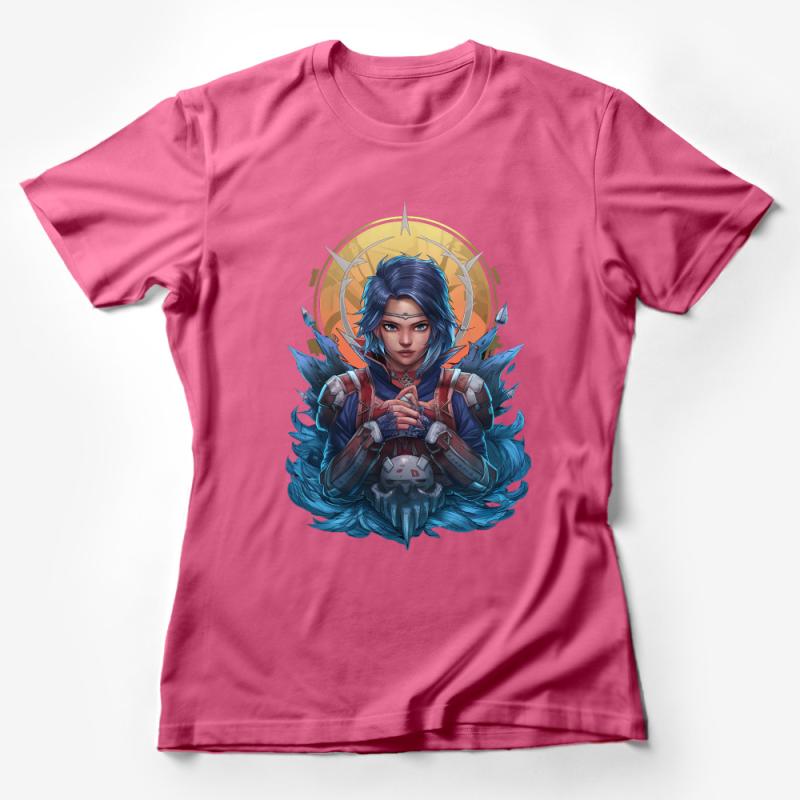 Fantasy Warrior Woman T-Shirt, Anime Style Female Fighter Tee, Cool Graphic Shirt, Blue Fire Aura Design, Gaming Apparel Gift Female T-Shirt