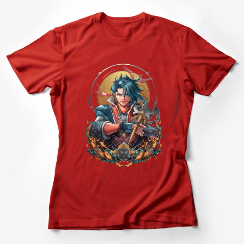 Fantasy Warrior T-Shirt, Anime Inspired Knight Tee, Graphic Fire Design Unisex Shirt Female T-Shirt