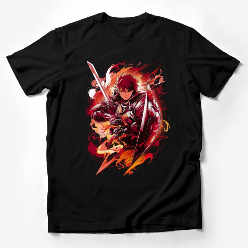 Epic Warrior Graphic Tee, Fantasy Knight Armor T-Shirt, Red and Gold Fire Blaze Design, Unique Fighter Illustration Shirt, Unisex Clothing Male T-Shirt