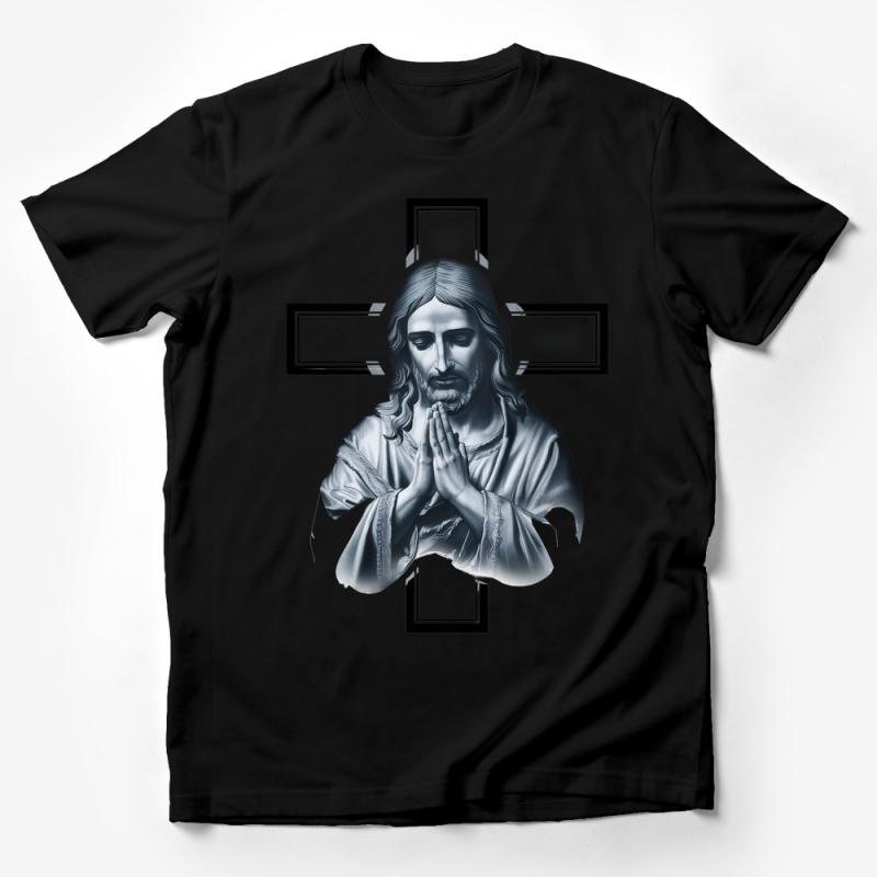 Religious Graphic Tee, Jesus Praying Hands T-Shirt, Christian Faith Top, Spiritual Comfort Shirt, Unisex Christian Apparel Male T-Shirt