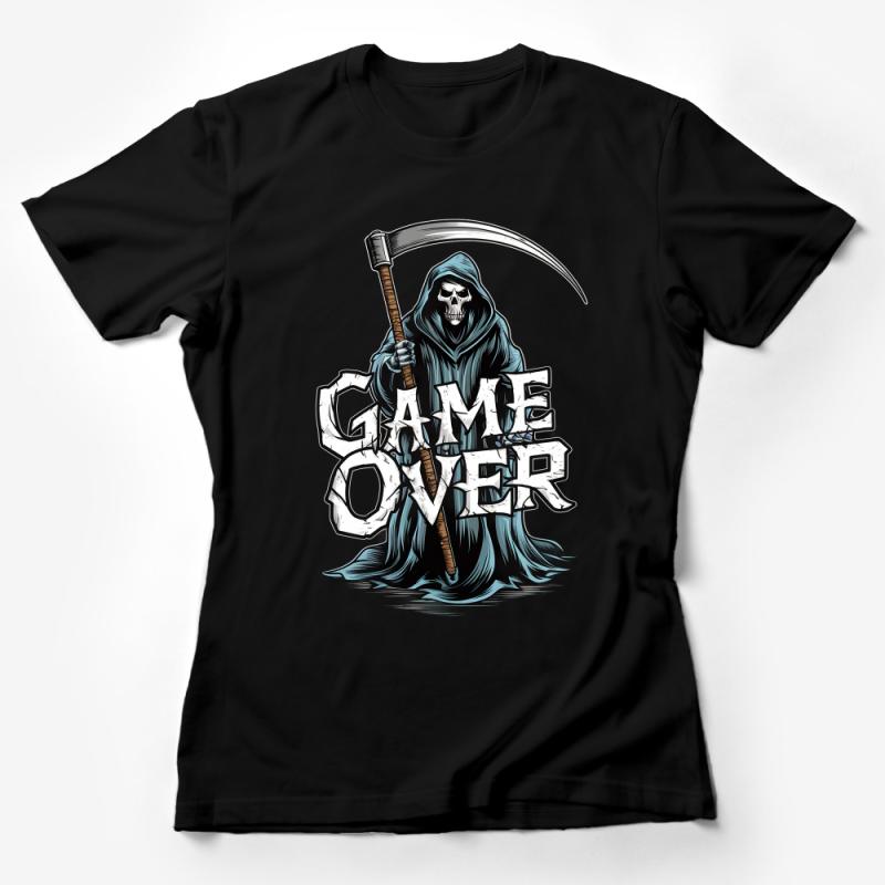 Grim Reaper Game Over T-Shirt, Cool Death Graphic Tee, Gaming Skull Shirt, Unisex Adult Casual Wear, Unique Halloween Costume Idea Female T-Shirt