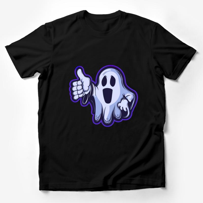 Cartoon Ghost Thumbs Up Graphic T-Shirt, Fun Halloween Ghost Tee, Casual Unisex Apparel Male T-Shirt