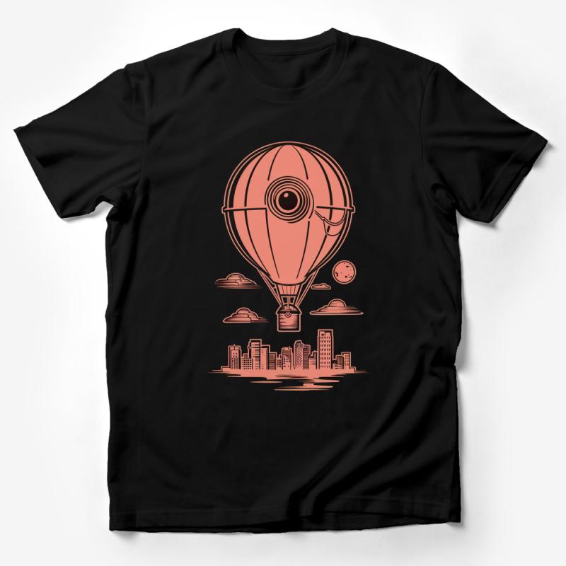 Unique Hot Air Balloon Cityscape Graphic Tee, Urban Skyline Illustration T-Shirt, Artistic Casual Wear Male T-Shirt