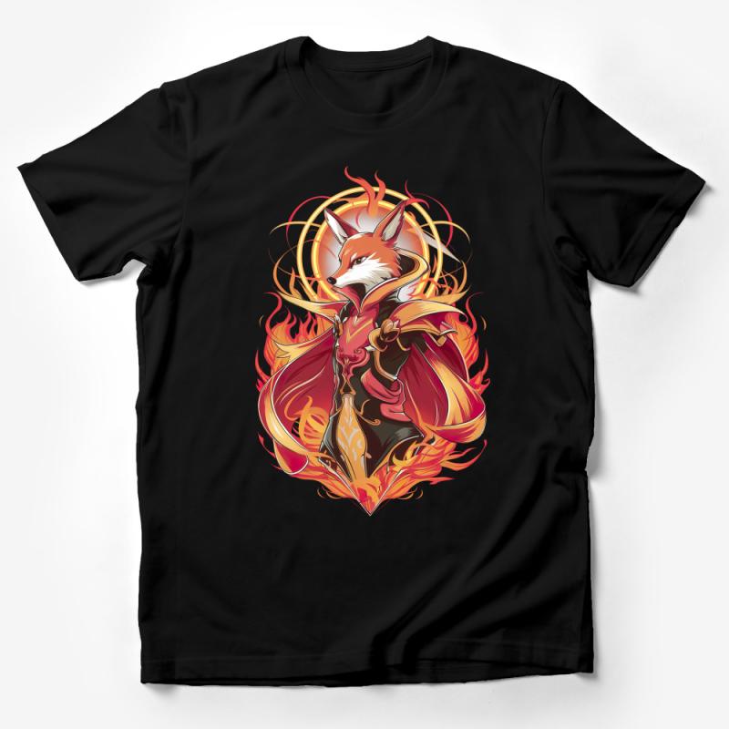 Fox Fire Warrior T-Shirt, Fantasy Animal Art Tee, Unisex Graphic Shirt, Cool Fox Design, Vibrant Fire Top, Unique Gift Idea Male T-Shirt