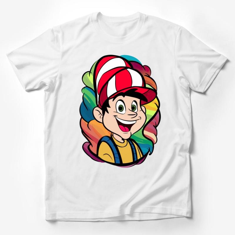 Colorful Cartoon Character Boys T-Shirt, Rainbow Hat Youth Tee, Unique Kids Graphic Shirt, Vibrant Summer Top, Fun Casual Wear Male T-Shirt