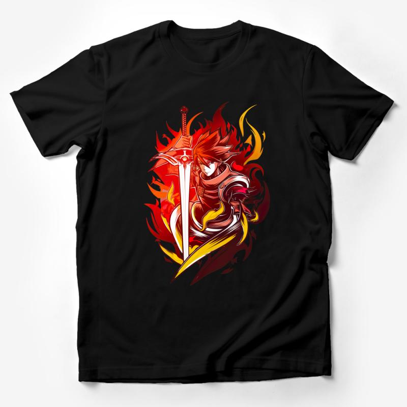 Warrior Graphic T-Shirt, Fire Sword Anime Style Tee, Unisex Bold Fantasy Shirt, Flame Design Casual Wear Male T-Shirt