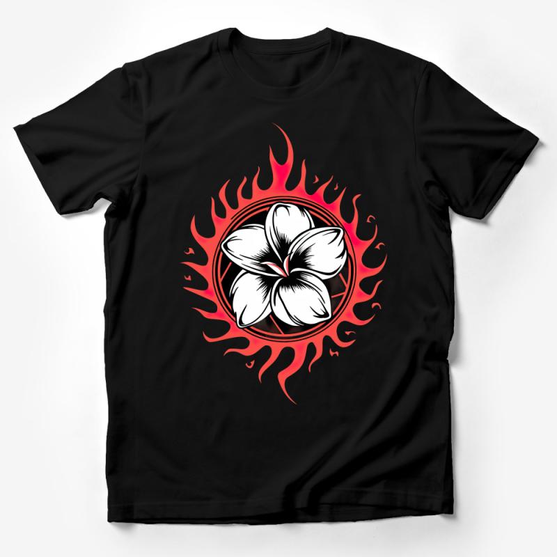 Fire-Inspired Floral Design T-Shirt, Unisex Graphic Tee, Casual Fashion Top, Bold Flower and Flames Print Male T-Shirt