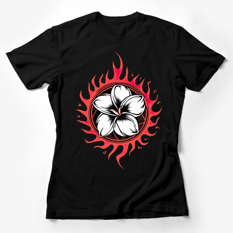 Fire-Inspired Floral Design T-Shirt, Unisex Graphic Tee, Casual Fashion Top, Bold Flower and Flames Print Female T-Shirt