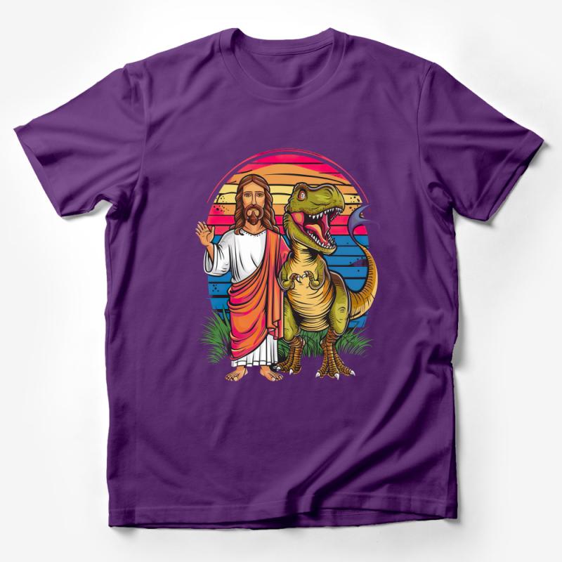 Funny Jesus Riding Dinosaur T-Shirt, Retro Sunset Graphic Tee, Unisex Christian Dino Shirt Male T-Shirt