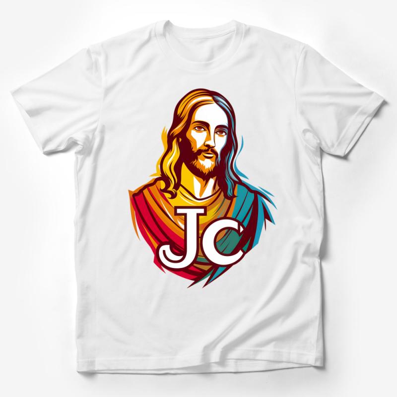 Colorful Jesus Christ Graphic T-Shirt, JC Initials Religious Tee, Christian Faith Fashion Top, Spiritual Apparel Male T-Shirt