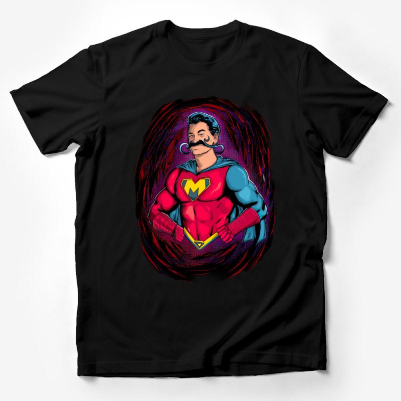 Superhero Parody T-Shirt, Funny Comic Book Character Tee, Casual Geek Clothing, Unique Gift for Him, Mustache Man in Red and Blue Male T-Shirt