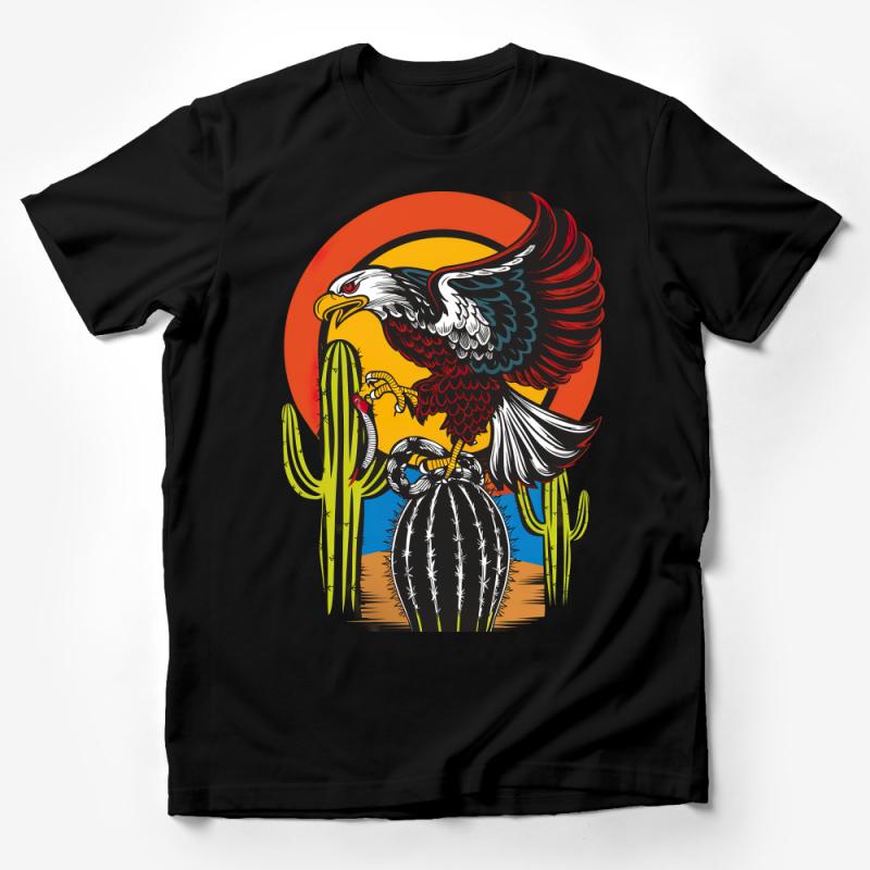 Desert Eagle Graphic Tee, Cactus Sunset Wildlife Nature Inspired T-Shirt, Colorful Bird Unisex Tee Design, Artistic Apparel Male T-Shirt