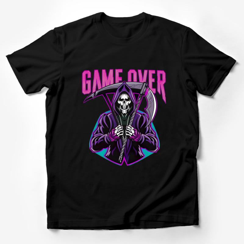 Game Over Grim Reaper T-Shirt, Men's Gaming Graphic Tee, Skeleton Gamer Shirt, Unisex Cool Casual Apparel Male T-Shirt