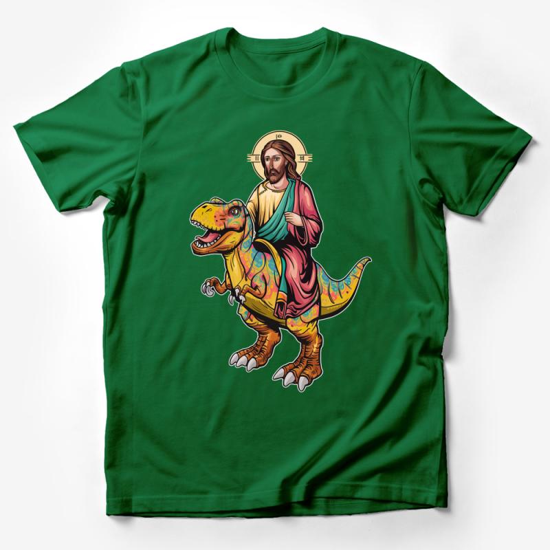 Unique Dinosaur Jesus Graphic Tee, Men's Women's Unisex T-Shirt, Spiritual Novelty Shirt, Religious Humor Tee, Colorful T-Rex Apparel Male T-Shirt