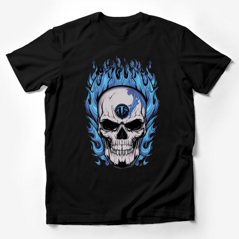 Blue Flame Skull Graphic T-Shirt, Cool Gothic Tee, Unisex Urban Streetwear, Edgy Fire Skull Design, Trendy Casual Fashion Top Male T-Shirt