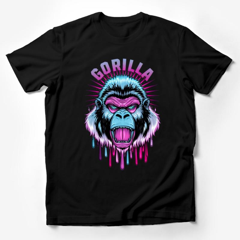 Vibrant Gorilla Graphic T-Shirt, Bold Animal Face, Urban Streetwear, Unisex Tee Design, Colorful Casual Wear, Dripping Paint Effect Male T-Shirt