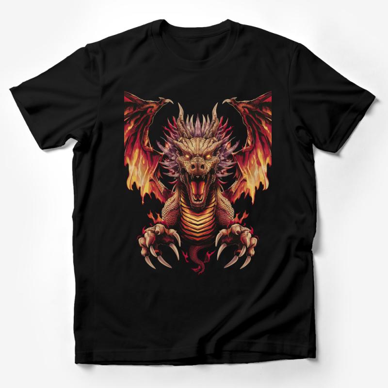 Fiery Dragon Graphic Tee, Unisex Fantasy Creature T-Shirt, Mythical Fire Dragoon Shirt, Cool Dragon Lover Gift, Red and Gold Male T-Shirt