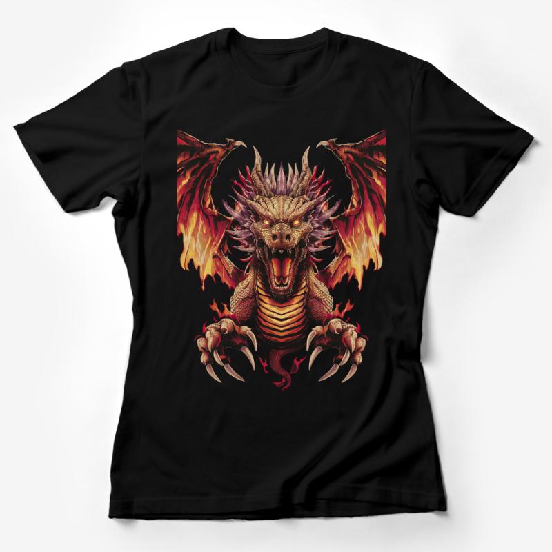 Fiery Dragon Graphic Tee, Unisex Fantasy Creature T-Shirt, Mythical Fire Dragoon Shirt, Cool Dragon Lover Gift, Red and Gold Female T-Shirt