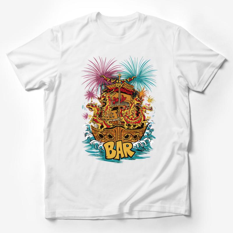 Vibrant Dragon Bar Ship Graphic Tee, Unisex T-Shirt with Fireworks Design, Colorful Summer Casual Wear, Unique Gift Idea Male T-Shirt