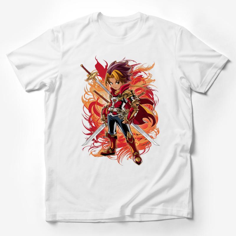 Warrior Princess Graphic Tee, Women's Fantasy T-Shirt, Fire Background, Anime Style Design, Unique Casual Wear Male T-Shirt