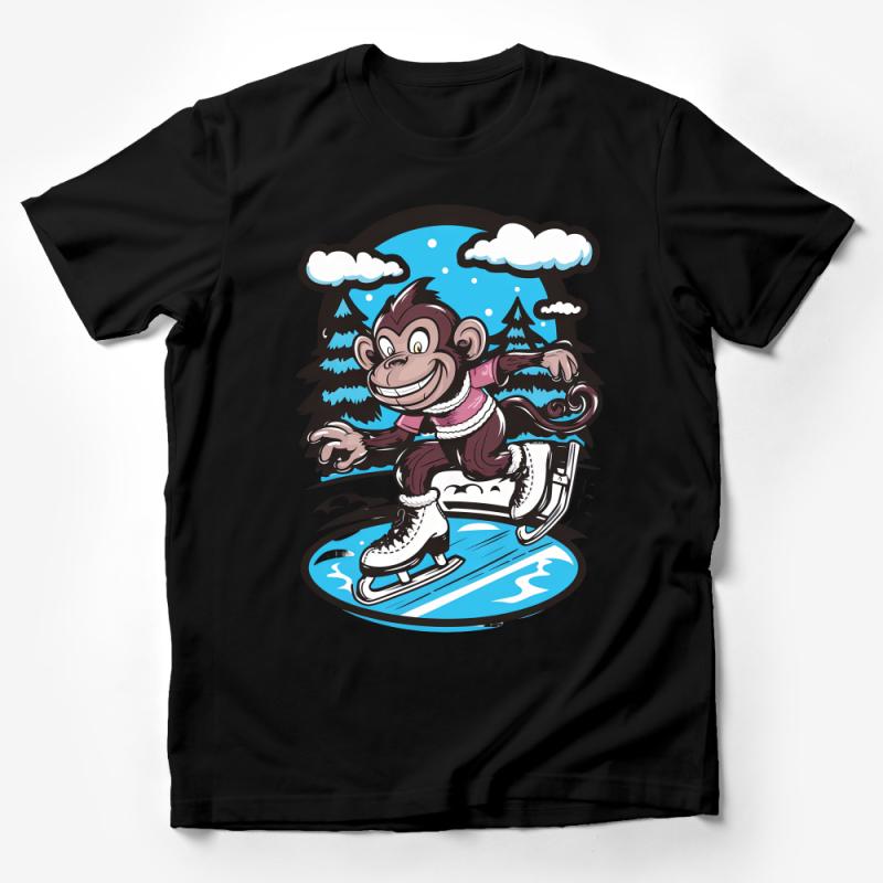 Monkey Ice Skating T-Shirt, Cute Cartoon Animal Winter Sport Tee, Unisex Whimsical Graphic Shirt, Gift Male T-Shirt