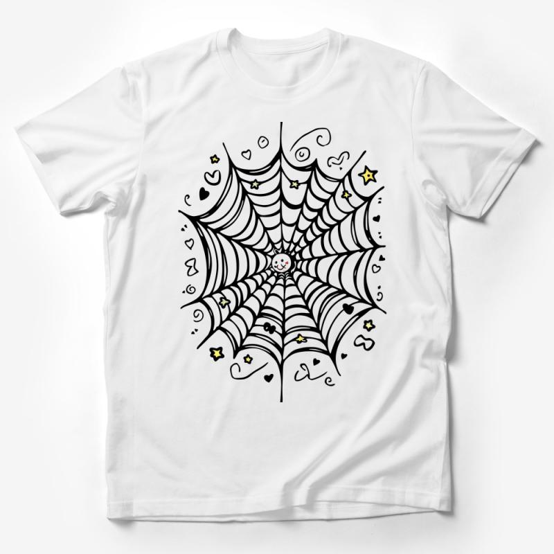 Whimsical Spider Web Graphic Tee, Cute Smiling Spider, Unisex T-Shirt, Casual Wear, Unique Illustration, Artistic Design, All Sizes Male T-Shirt