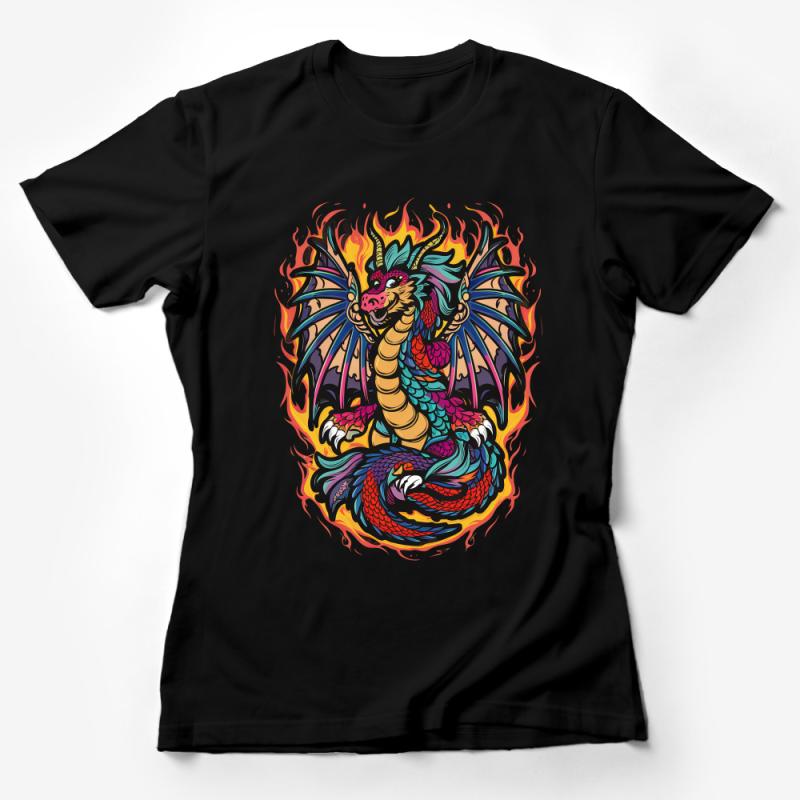 Vibrant Dragon Graphic Tee, Colorful Fantasy Creature Shirt, Fire Dragon Unisex T-Shirt, Mythical Beast Casual Wear, Stylish Illustration Top Female T-Shirt