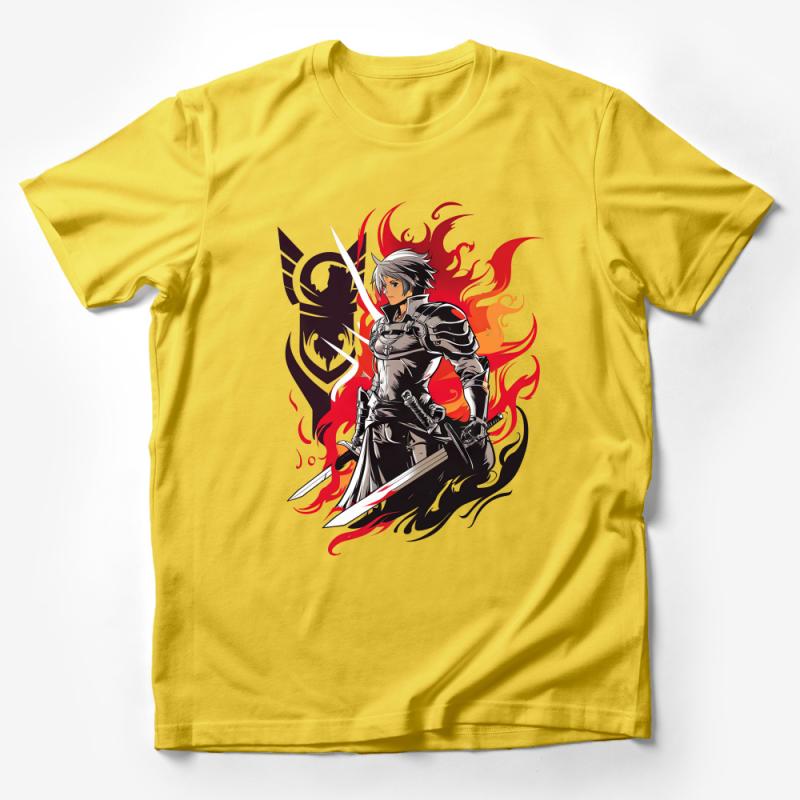 Fantasy Warrior T-Shirt, Epic Knight in Armor with Flames Graphic Tee, Unisex Adult Clothing Male T-Shirt