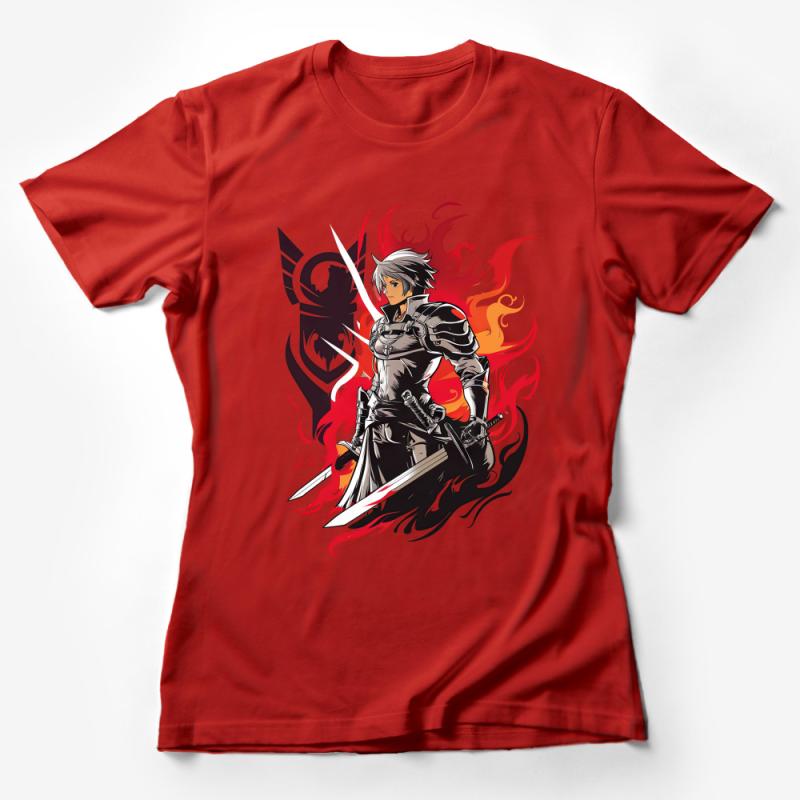 Fantasy Warrior T-Shirt, Epic Knight in Armor with Flames Graphic Tee, Unisex Adult Clothing Female T-Shirt