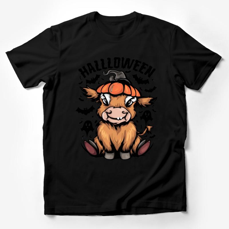 Cute Halloween Highland Cow T-Shirt, Funny Witch Hat Cattle Tee, Spooky Bat Graphic Shirt, Autumn Festival Apparel, Unisex Adult Clothing Male T-Shirt