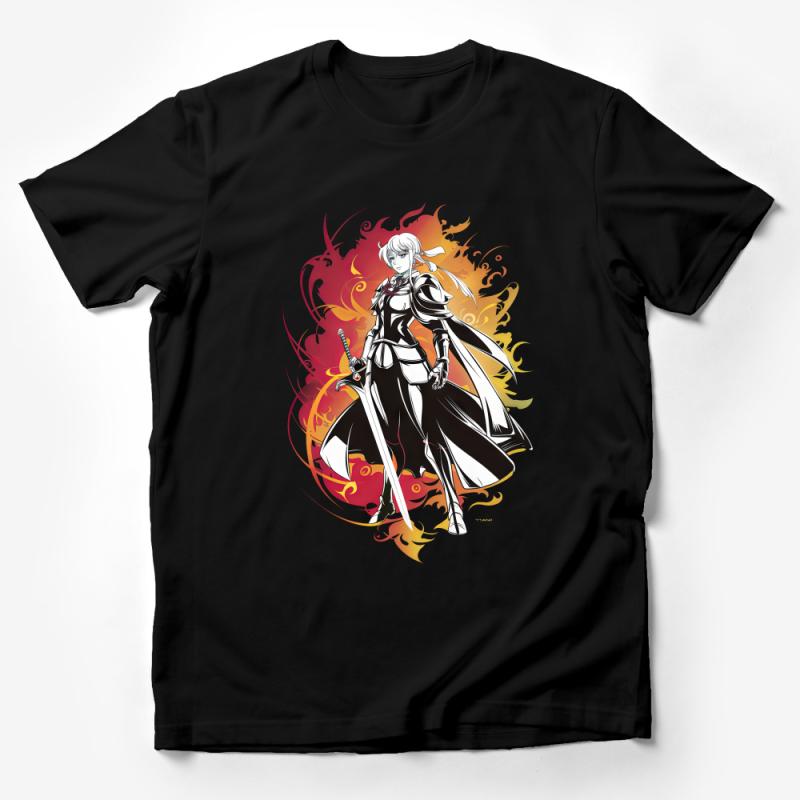 Fantasy Warrior Graphic Tee, Women's Fierce Sword Fighter T-Shirt, Artistic Design, Bold Colors, Comfortable Cotton, Casual Wear Male T-Shirt