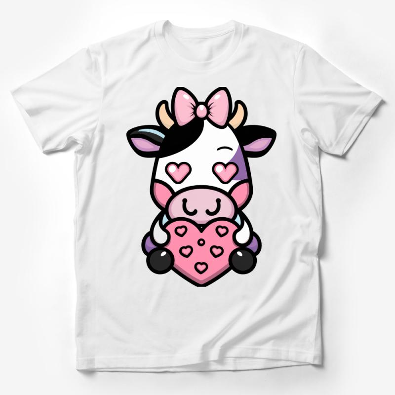 Cute Cow with Hearts Graphic Tee, Pink Bow Adorable Cartoon Animal Shirt, Casual Comfy Cotton T-Shirt, Unisex Fashion Top, Gift Idea Male T-Shirt