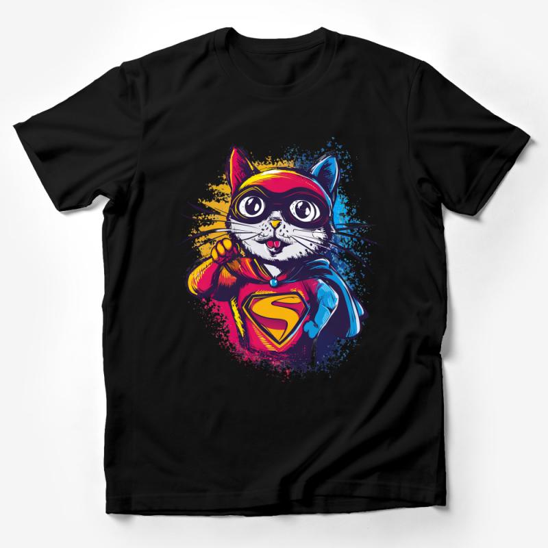 Superhero Cat T-Shirt, Colorful Comic Style Kitty Tee, Fun Feline Hero Shirt, Unique Cat Lover Gift Idea, Unisex Adult Clothing Male T-Shirt