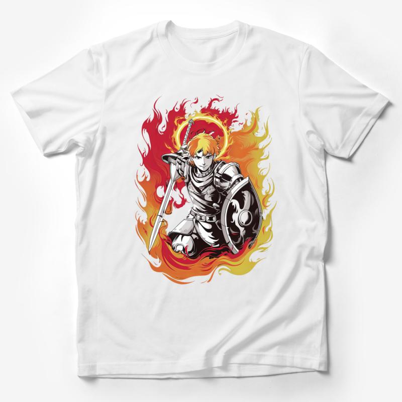 Fantasy Warrior T-Shirt, Fire Elemental Knight Tee, Unisex Graphic Shirt, Epic Battle Armor Design Top, Gift for Gamers Male T-Shirt