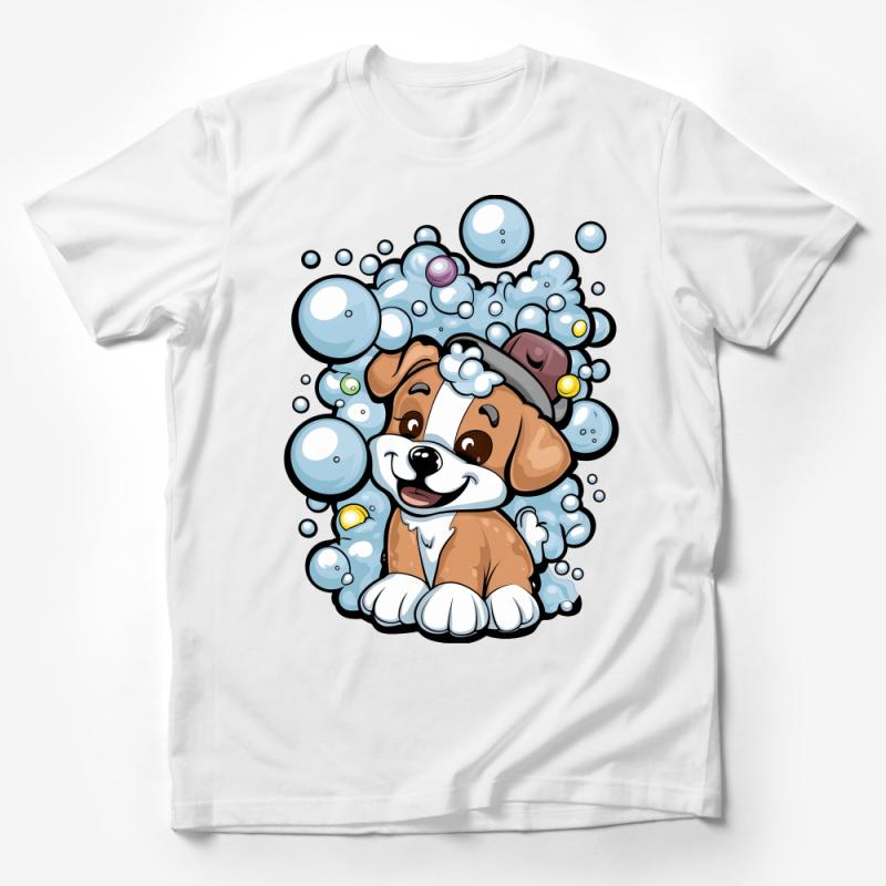 Cute Dog in Bubbles Graphic T-Shirt, Playful Puppy Cartoon Tee, Unisex Animal Lover Shirt, Casual Pet Themed Top for All Ages Male T-Shirt