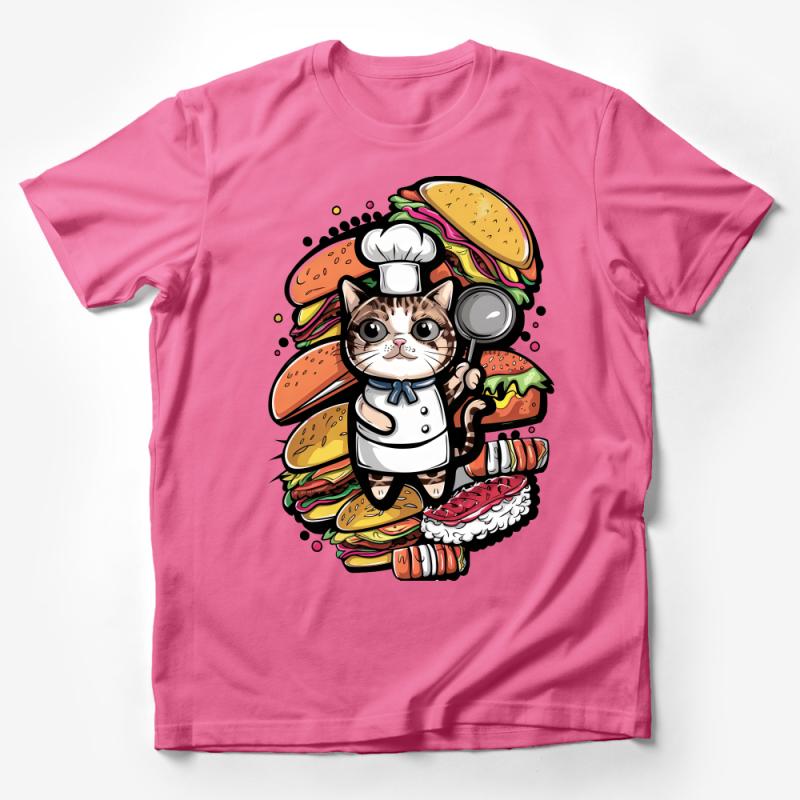 Cute Cat Chef Burger Lover T-Shirt, Funny Fast Food Kitten Tee, Unisex Graphic Shirt, Gift for Foodies, Casual Wear, Quirky Apparel Male T-Shirt