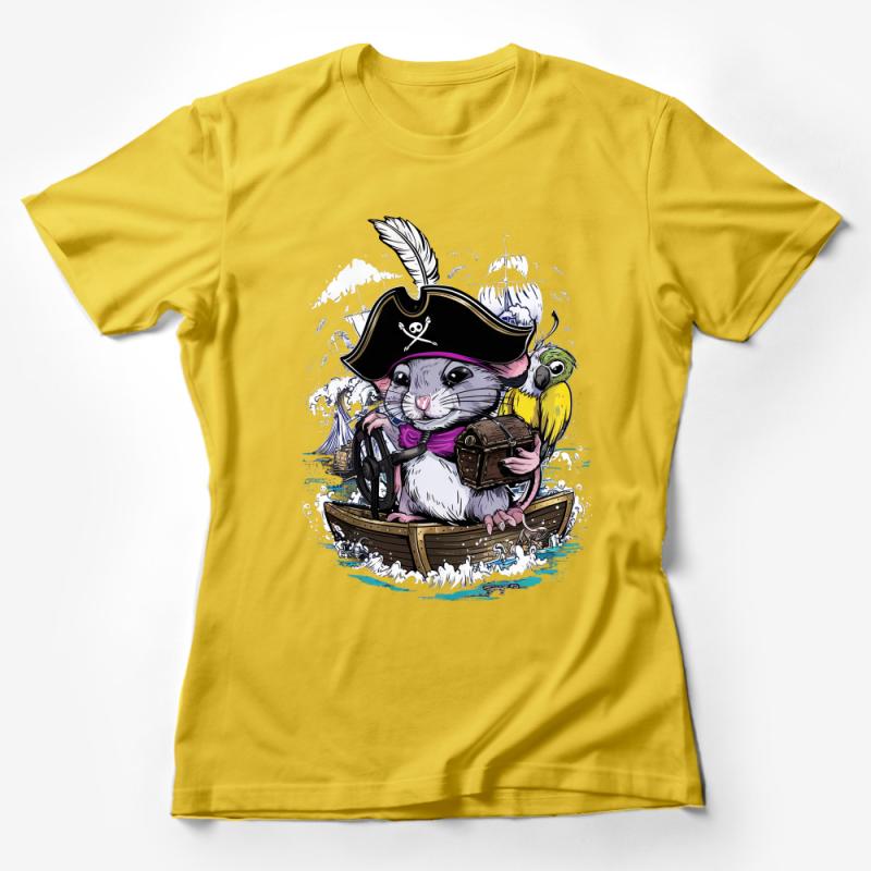 Pirate Mouse Captain T-Shirt, Nautical Adventure Tee, Cute Animal Parrot Graphic, Unisex Cotton Shirt, Novelty Gift for Pirate Fans Female T-Shirt