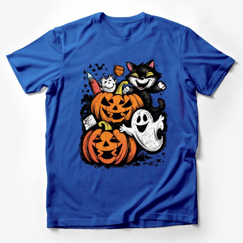 Halloween Cat and Ghost T-Shirt, Spooky Pumpkin Tee, Cute Autumn Festive Shirt, Kids and Adults Halloween Apparel Male T-Shirt