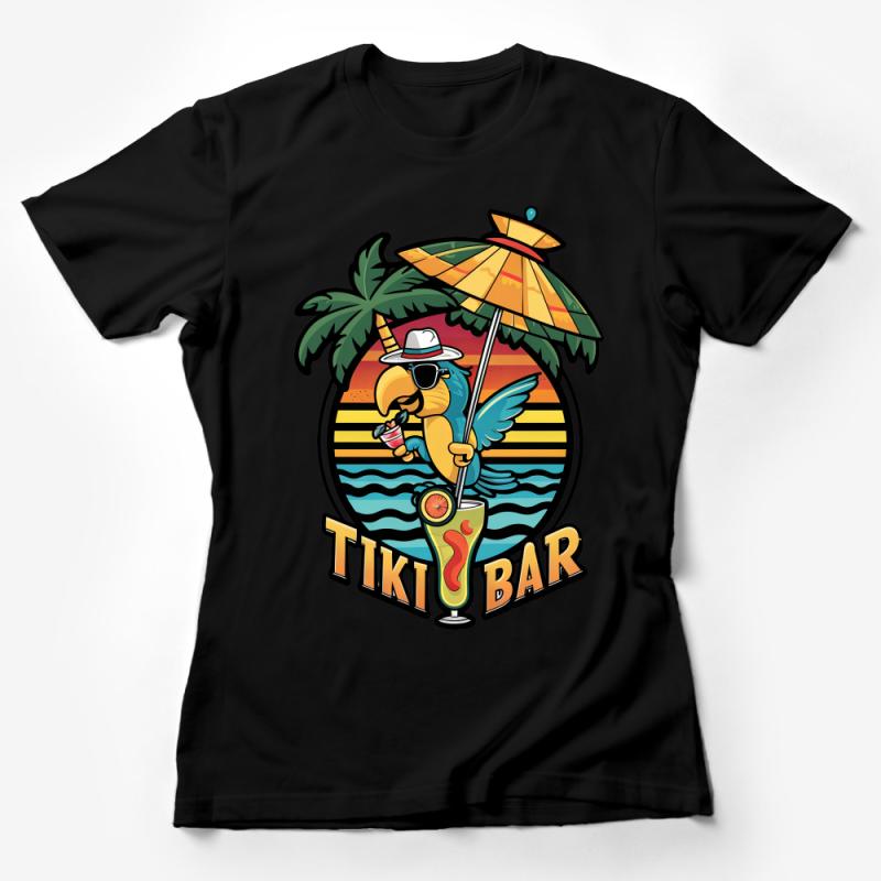 Tropical Parrot Tiki Bar T-Shirt, Vintage Sunset Palm Trees Beach Shirt, Summer Vacation Aloha Tee, Graphic Unisex Casual Top Female T-Shirt