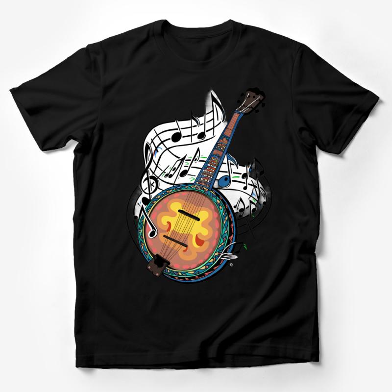 Colorful Banjo and Music Notes Graphic T-Shirt, Artistic Musician Tee, Unisex Musical Instrument Shirt Male T-Shirt