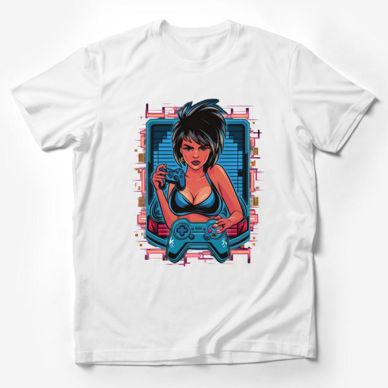 Retro Gamer Girl T-Shirt, Cool Cyberpunk Gaming Graphic Tee, Vintage Style Gamer Clothing, Gift for Gamers Male T-Shirt