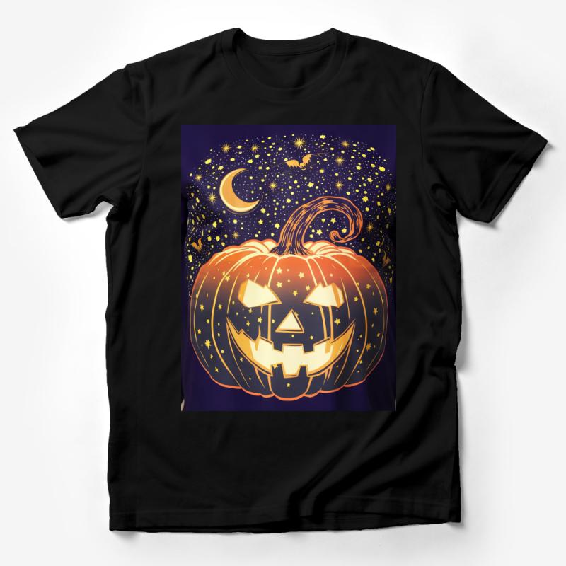 Halloween Pumpkin T-Shirt, Spooky Jack-o-Lantern Tee, Fall Festive Night Sky, Stars and Moon, Unisex Halloween Shirt, October Autumn Wear Male T-Shirt