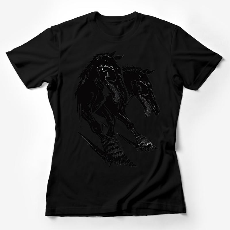 Gothic Two-Headed Dragon T-Shirt, Black Fantasy Creature Tee, Unisex Mythical Beast Apparel, Dark Style Graphic Shirt Female T-Shirt