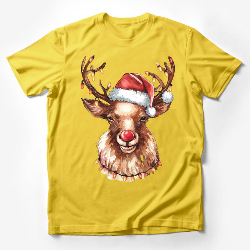 Festive Reindeer T-Shirt with Christmas Lights and Santa Hat, Holiday Graphic Tee, Unisex Winter Apparel, Casual Xmas Fashion Male T-Shirt