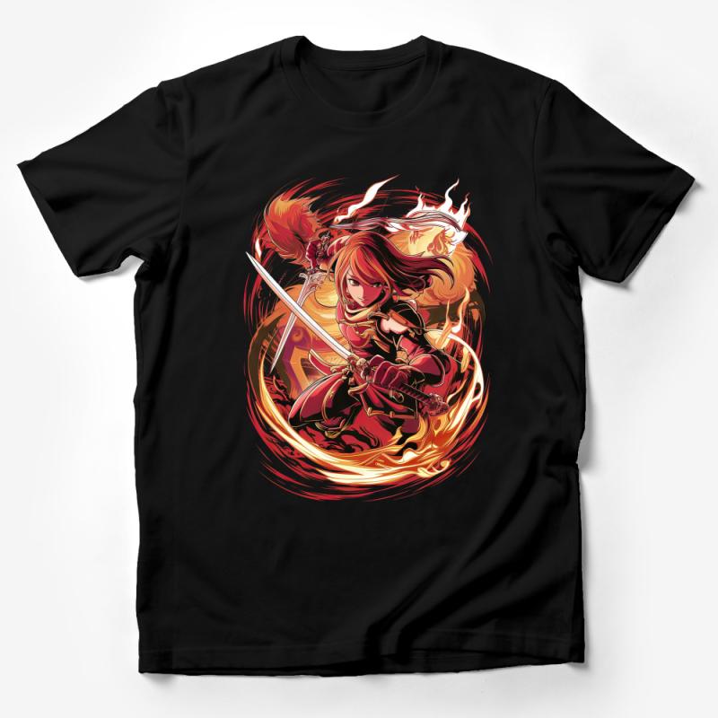 Fantasy Warrior Girl T-Shirt, Anime Style Redhead Character Tee, Fire Element Sword Fighter Apparel, Unique Graphic Shirt for Teens Male T-Shirt