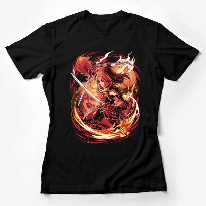 Fantasy Warrior Girl T-Shirt, Anime Style Redhead Character Tee, Fire Element Sword Fighter Apparel, Unique Graphic Shirt for Teens Female T-Shirt